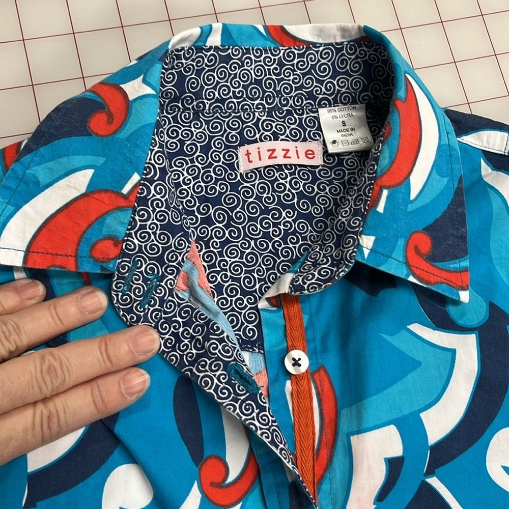 TIZZIE Artsy Mod Print Contrast French Cuff Preppy Retro Blue/Red Cotton Top S - Picture 5 of 16